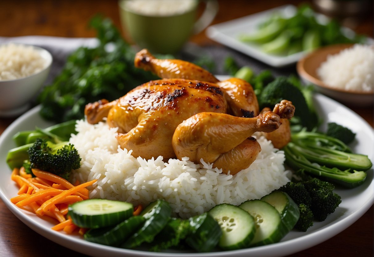 A platter of golden brown Chinese roast chicken surrounded by vibrant green vegetables and steaming white rice