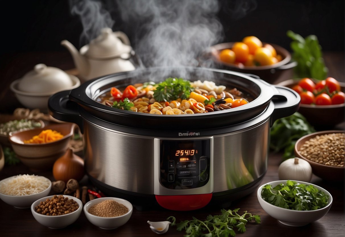 Various Chinese ingredients and spices arranged around a bubbling crock pot, emitting aromatic steam