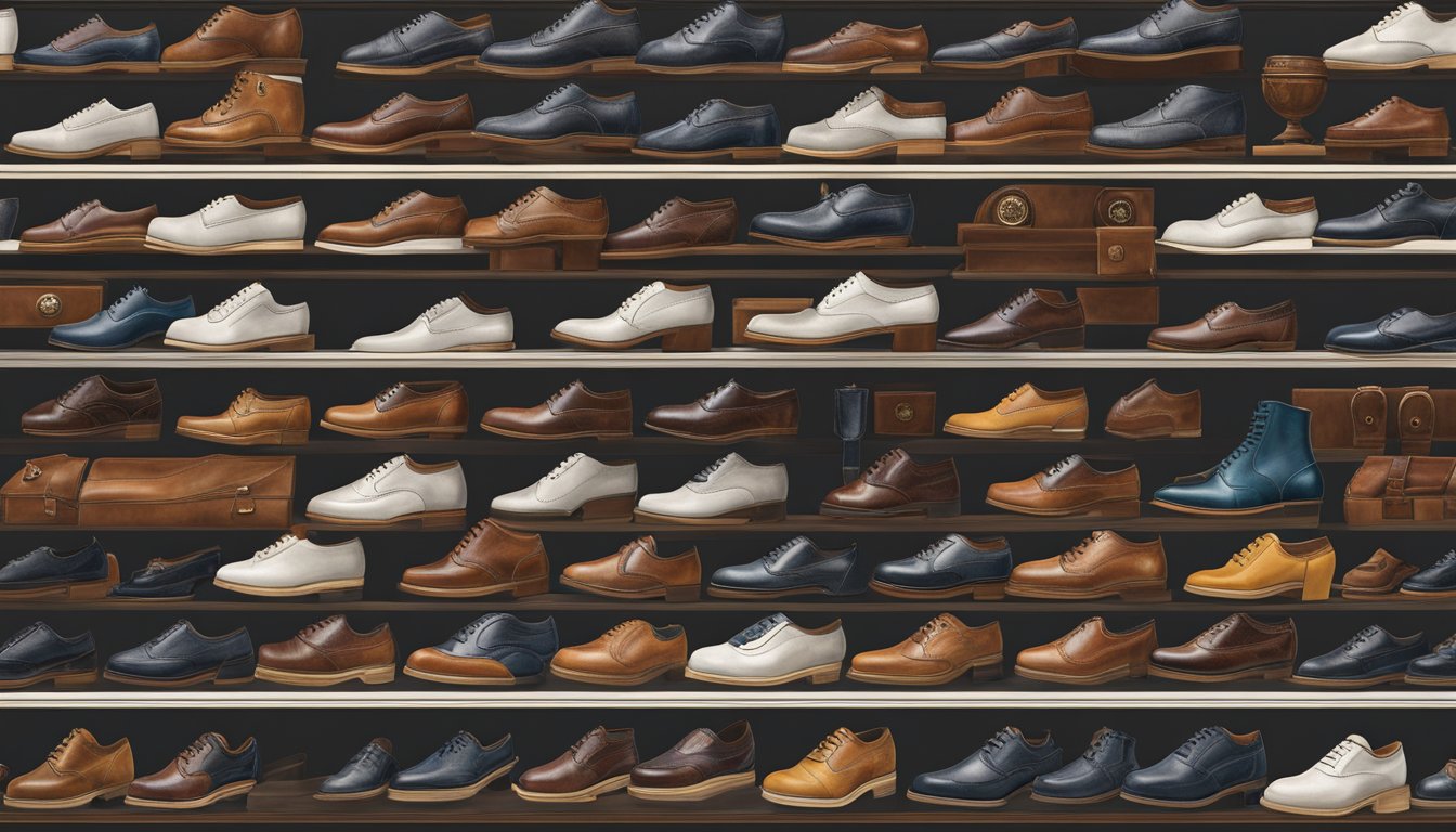 Italian shoe brands line a display, showcasing expert craftsmanship and quality. Rich leathers and fine details exude luxury and timeless style