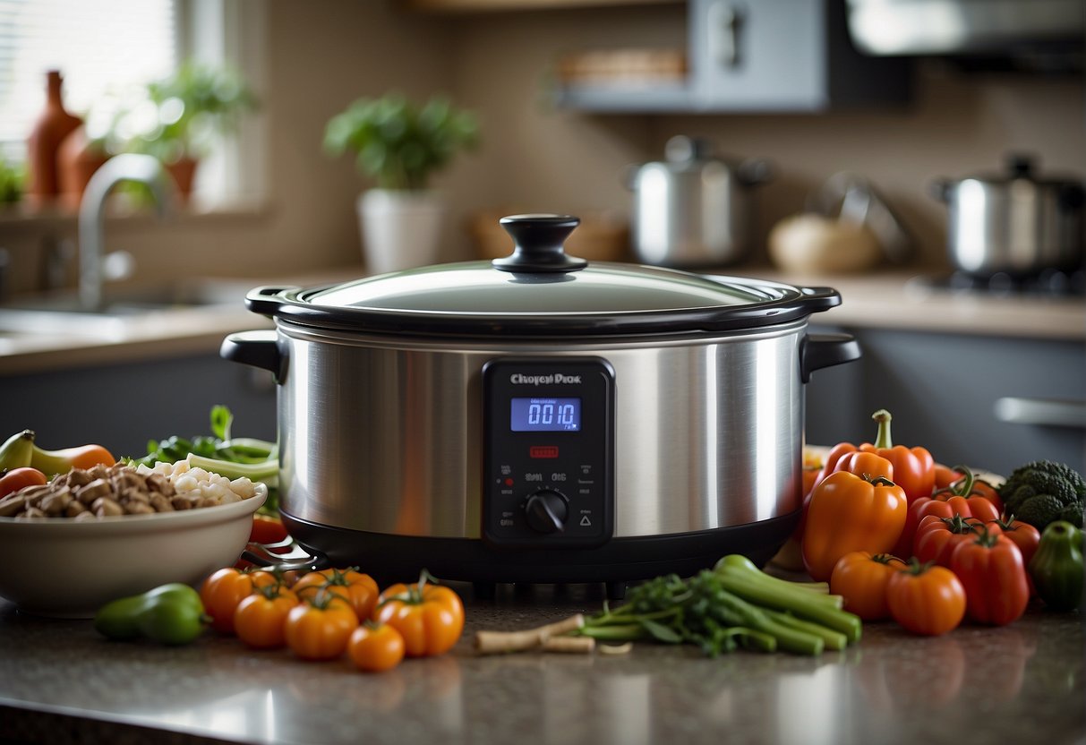 A crock pot filled with Chinese ingredients simmers on a kitchen counter. Steam rises from the pot as the aroma of spices fills the air. Chopped vegetables and marinated meat sit nearby, ready to be added to the dish