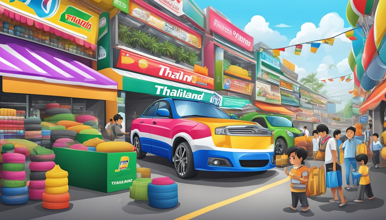 A colorful display of Thailand tyre brand in a bustling Malaysian market