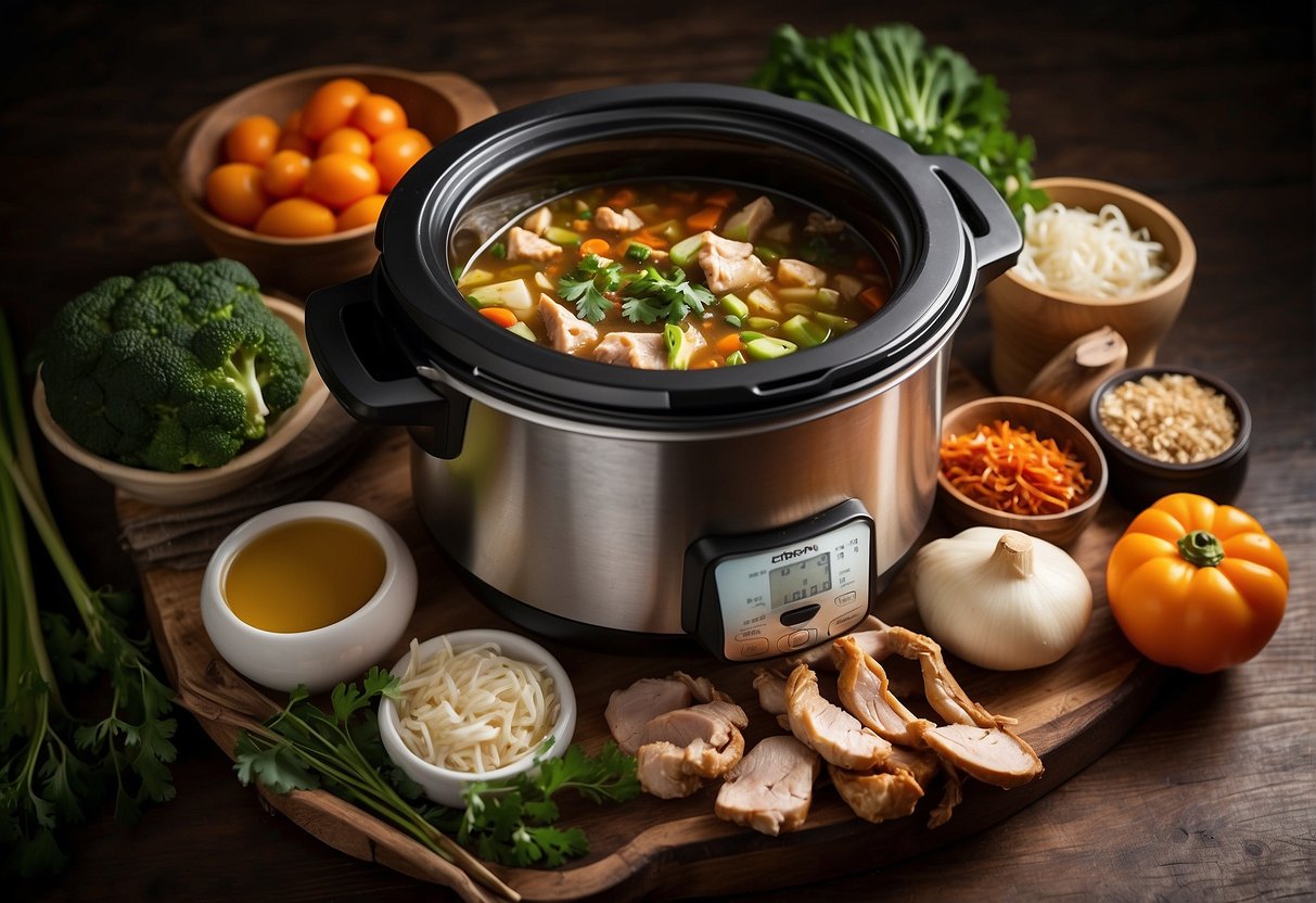 A crock pot filled with various Chinese ingredients, such as chicken, vegetables, and spices, simmering in a savory broth