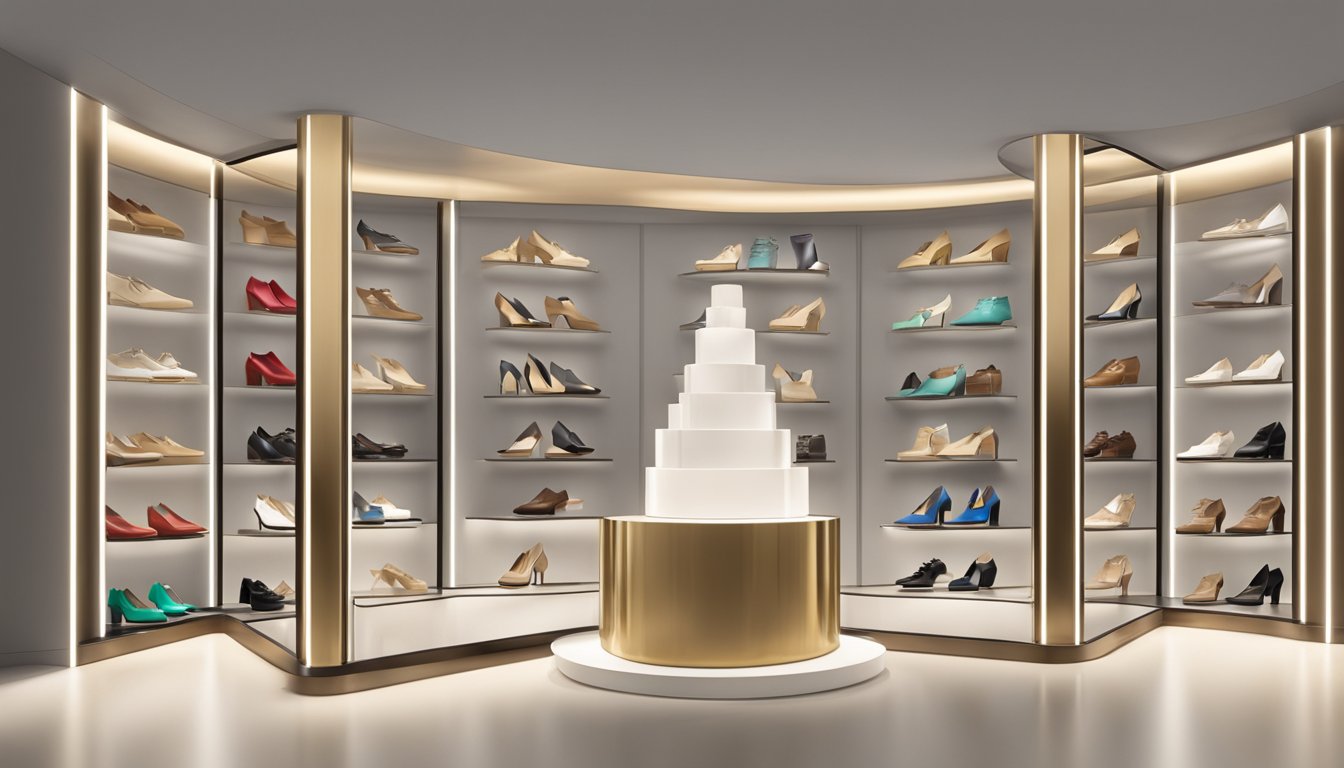 A display of Italian shoes brands, including Gucci, Prada, and Salvatore Ferragamo, arranged on elegant pedestals with soft lighting