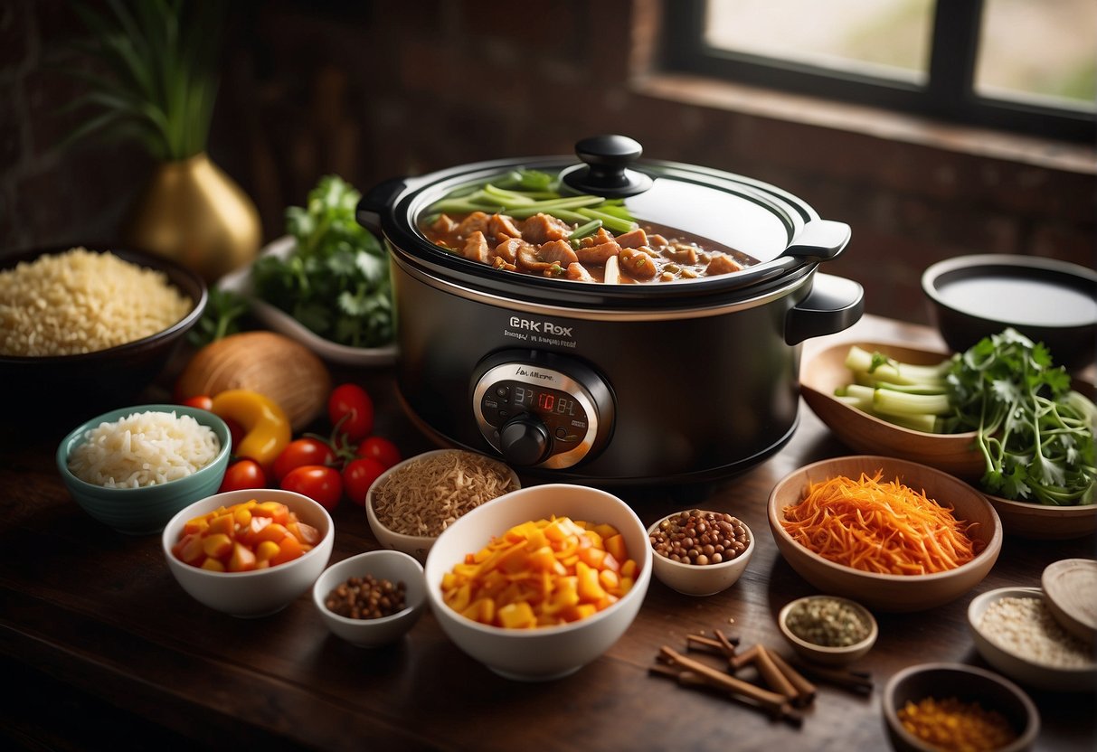A crock pot surrounded by various Chinese ingredients and spices, with a recipe book open to a page titled "Frequently Asked Questions crock pot Chinese recipes."