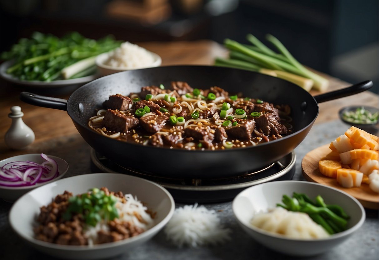 Beef and onions sizzling in a wok, steam rising. A pair of chopsticks serving the dish onto a plate. Garnished with green onions