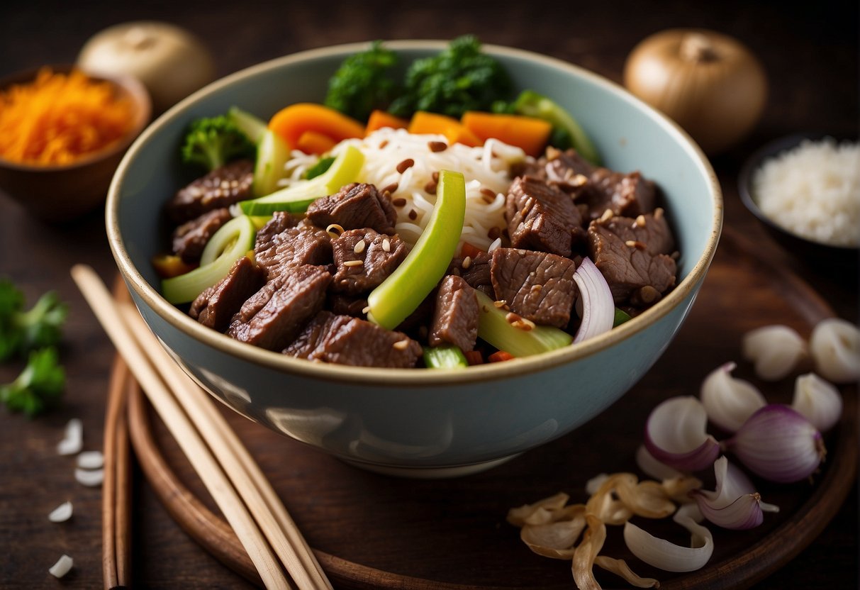 A steaming bowl of Chinese beef and onion stir-fry, surrounded by ingredients and a nutrition label