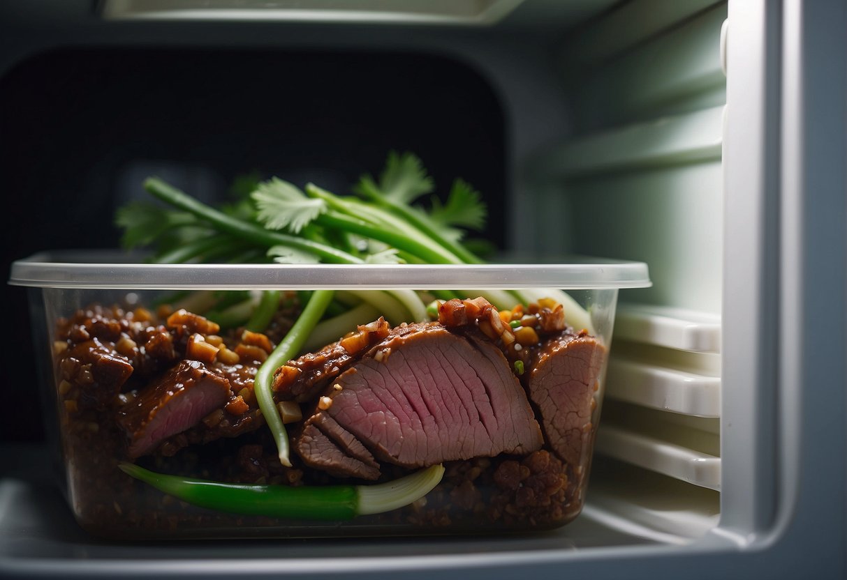 A container of leftover Chinese beef and onion sits in a refrigerator. A person takes it out, reheats it in a microwave, and garnishes it with green onions