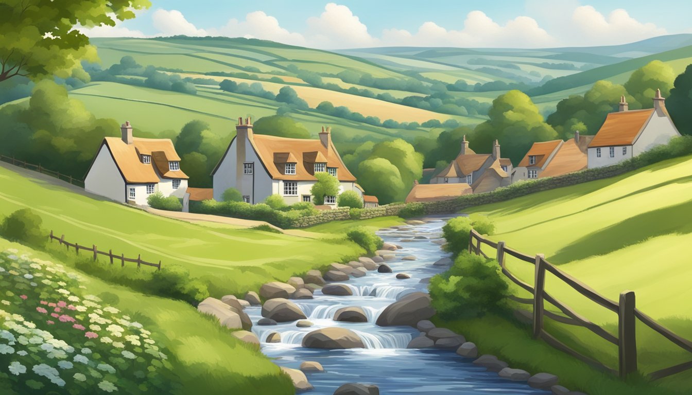 A serene countryside landscape with a flowing stream, surrounded by lush green hills and a quaint British village in the distance