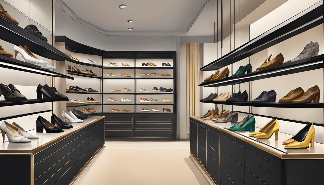 A display of iconic Italian shoe brands, including Gucci, Prada, and Ferragamo, arranged on sleek shelves in a chic boutique setting