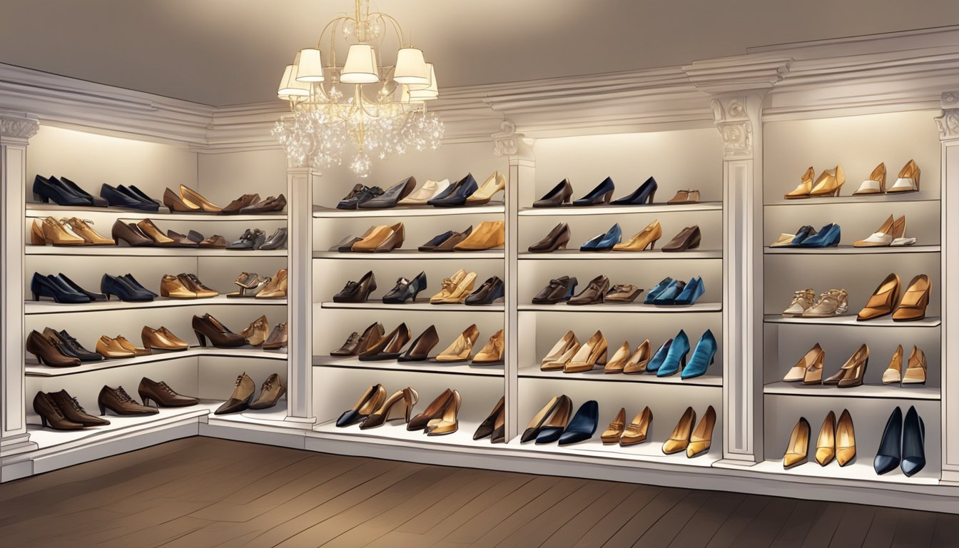 A display of luxurious Italian shoes, showcasing elegance and craftsmanship. The shoes are arranged neatly on shelves, with soft lighting highlighting their exquisite details