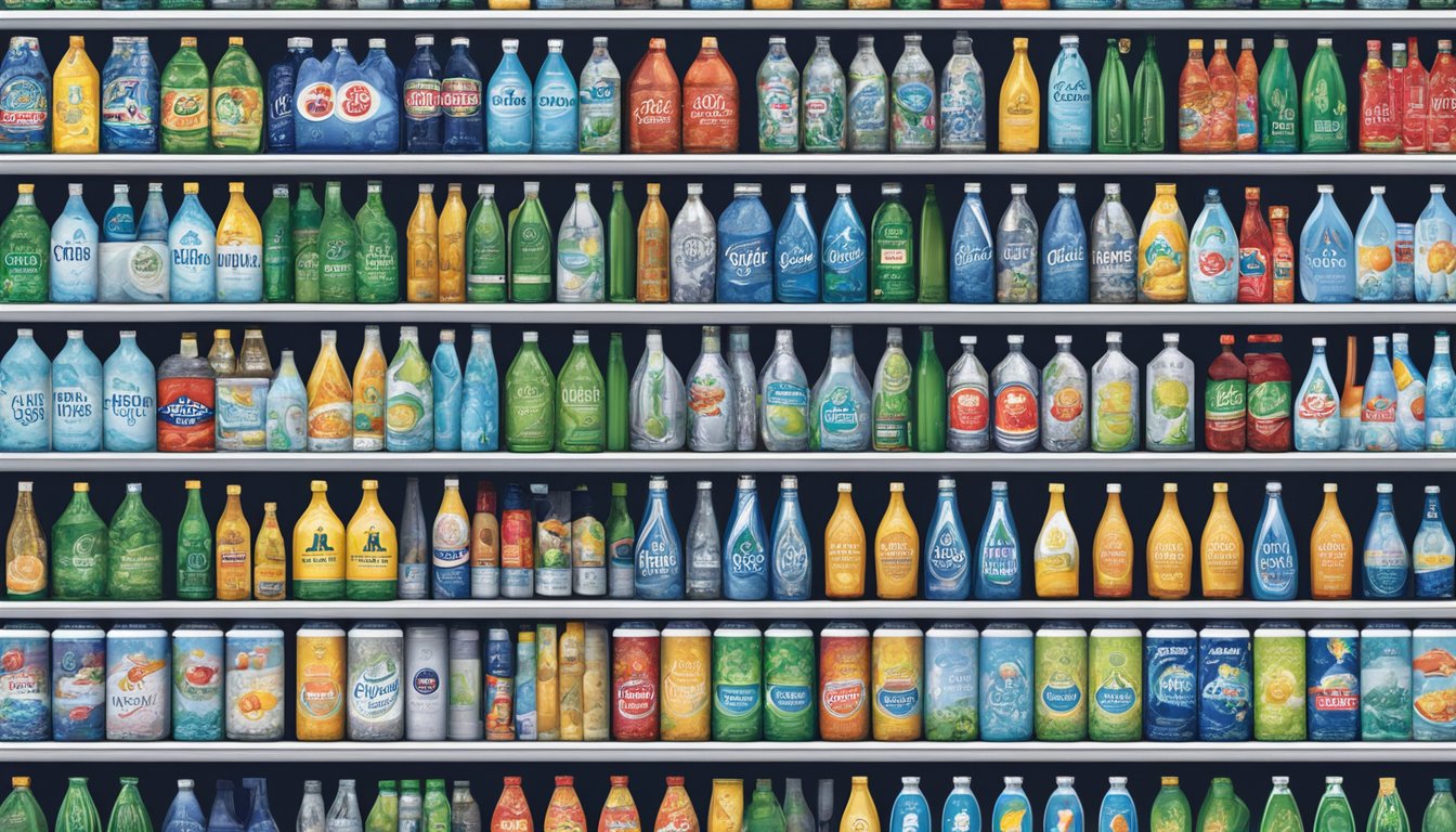 Several iconic British bottled water brands are displayed on a shelf, including sparkling and still varieties. The labels feature distinctive branding and imagery