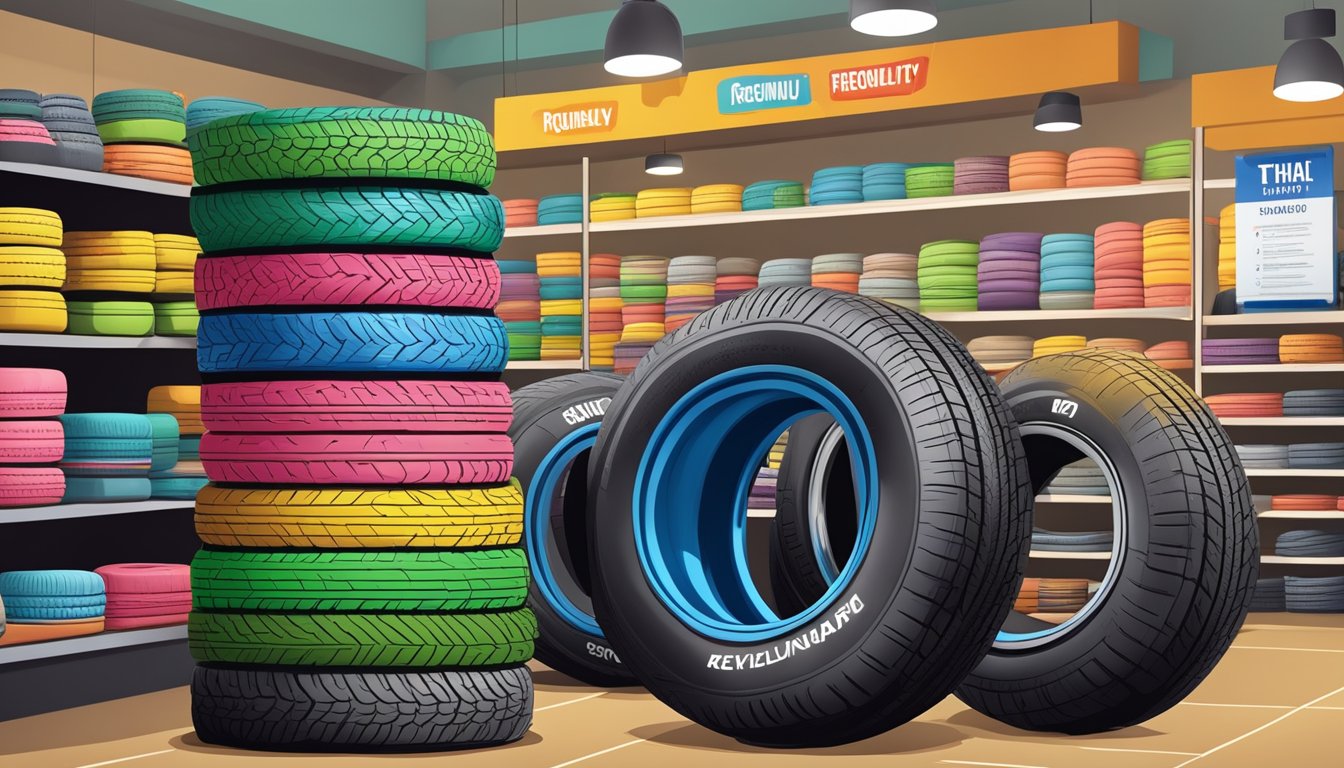 A stack of colorful Thai brand tires displayed in a Malaysian shop, with a sign reading "Frequently Asked Questions" above