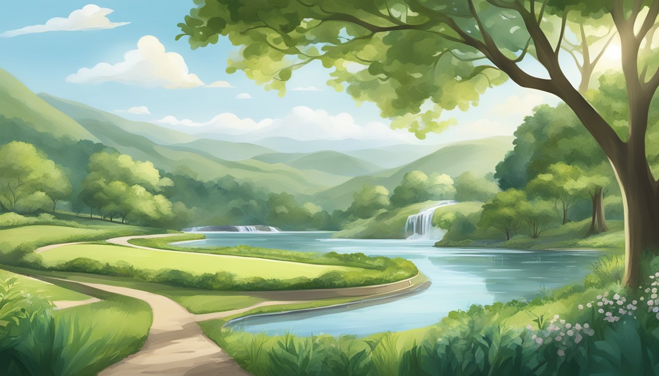 A serene landscape with lush greenery, clean water sources, and eco-friendly packaging facilities for British bottled water brands