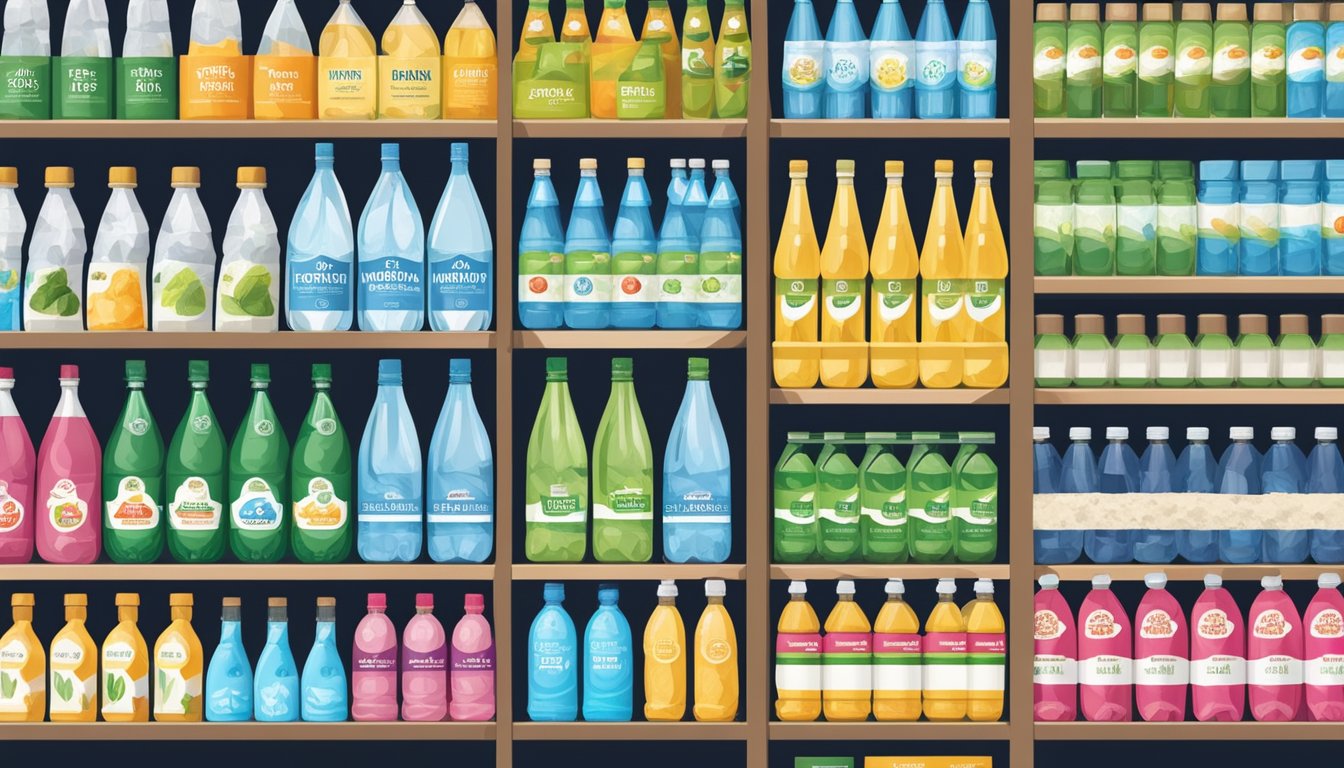 British bottled water brands displayed on shelves, with labels highlighting eco-friendly packaging and natural spring sources. Customers compare prices and read product information