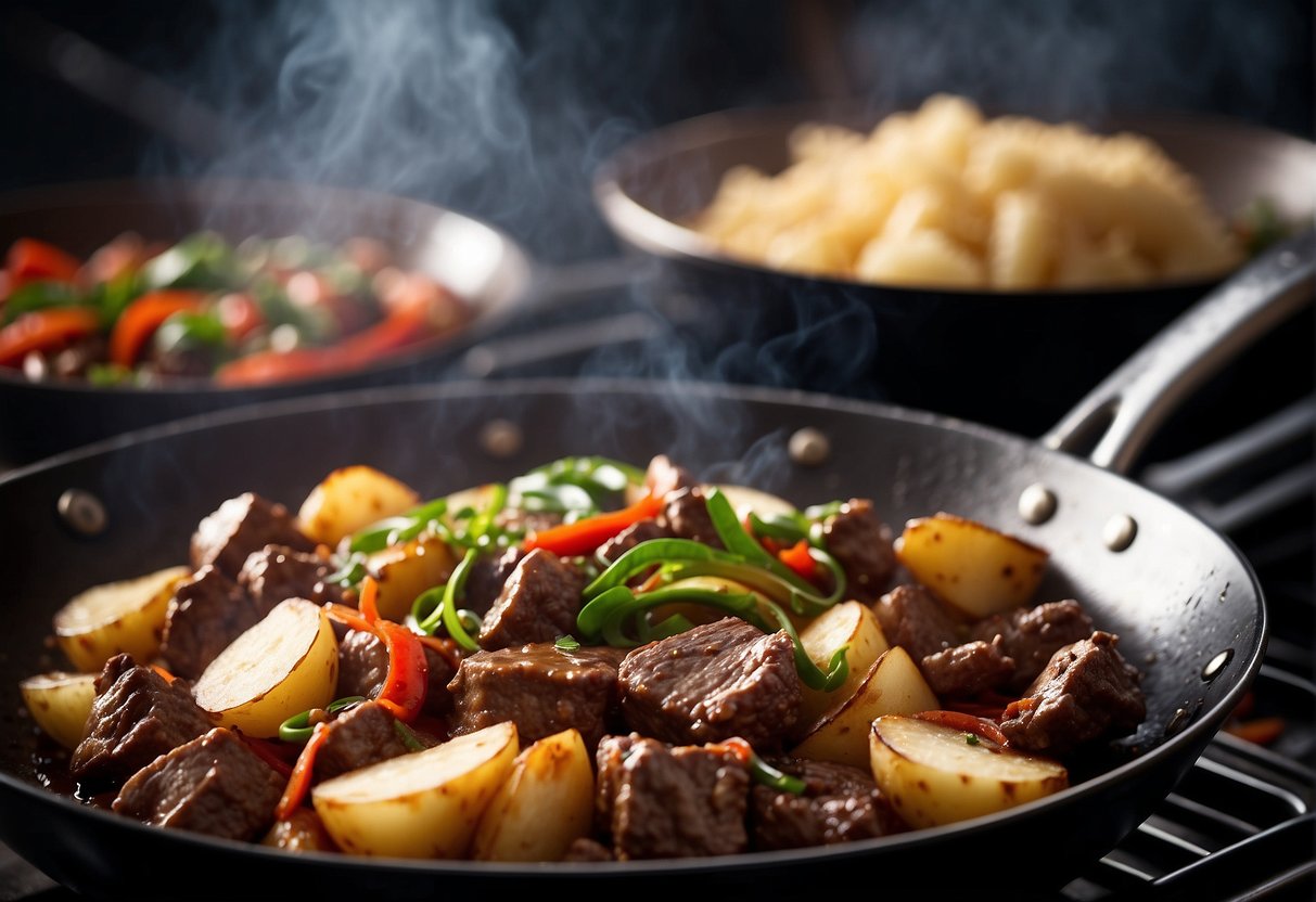 Sizzling beef and potato stir fry in a wok, with vibrant colors and steam rising. Ingredients like soy sauce and ginger nearby