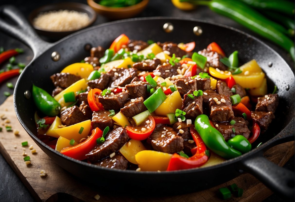 Sizzling beef strips and diced potatoes in a wok, surrounded by vibrant green scallions and colorful bell peppers. Soy sauce and sesame oil glisten on the ingredients