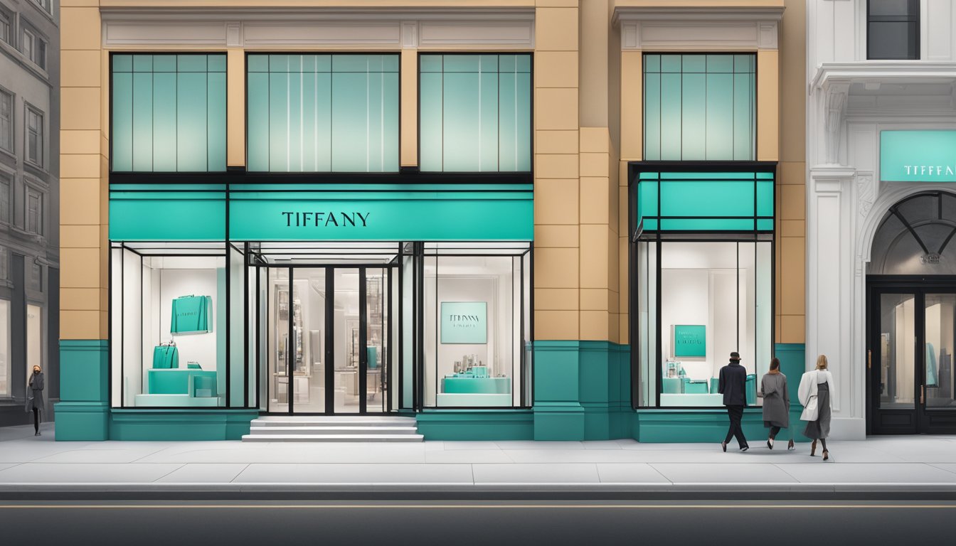 A sleek, modern storefront with bold lettering and clean lines, showcasing the iconic Tiffany brand