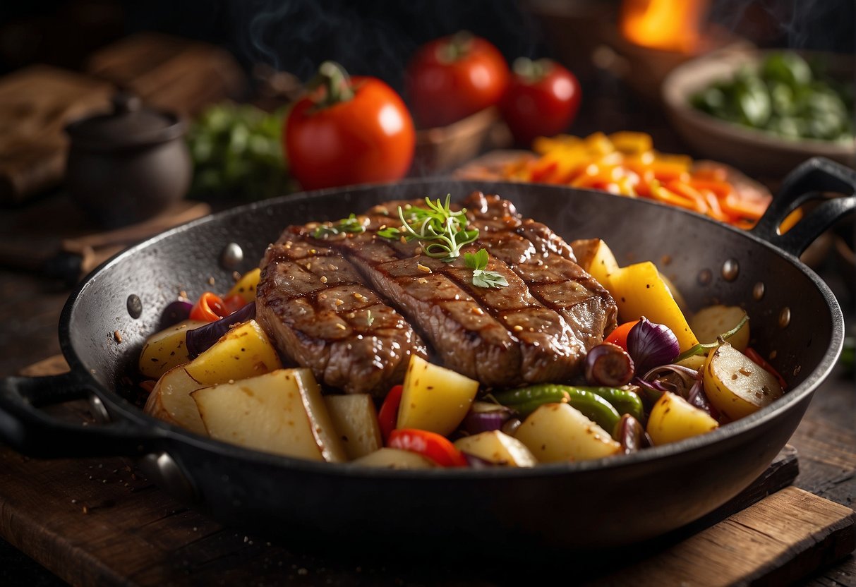 Beef and potatoes sizzling in a hot wok, surrounded by colorful vegetables and aromatic spices