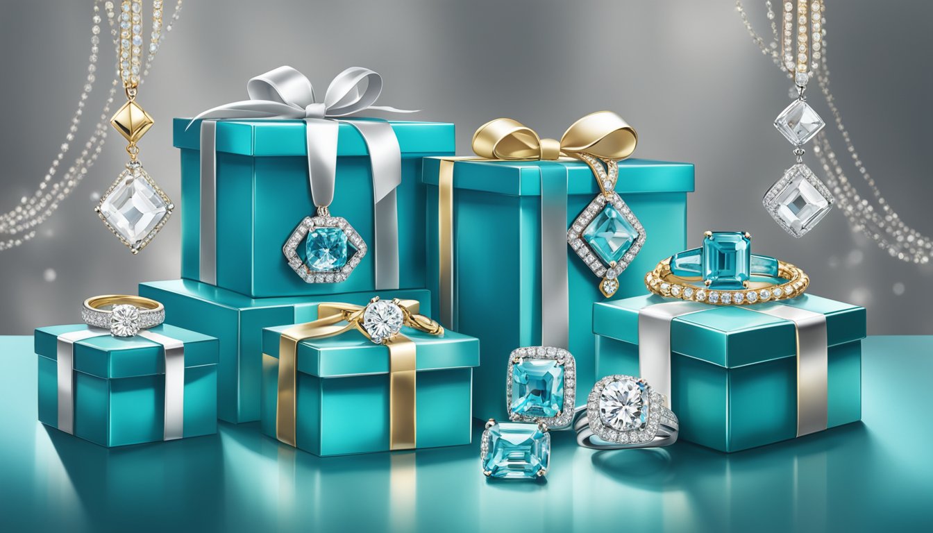 A display of iconic blue boxes and sparkling jewelry, evoking luxury and elegance, with the Tiffany & Co logo prominently featured