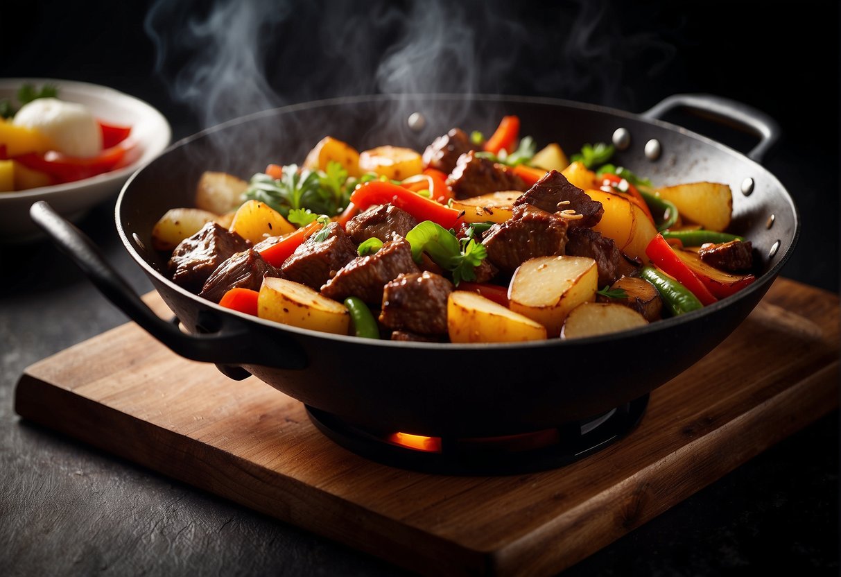 A sizzling wok with beef, potatoes, and vibrant vegetables being tossed together in a savory sauce, creating a mouthwatering aroma