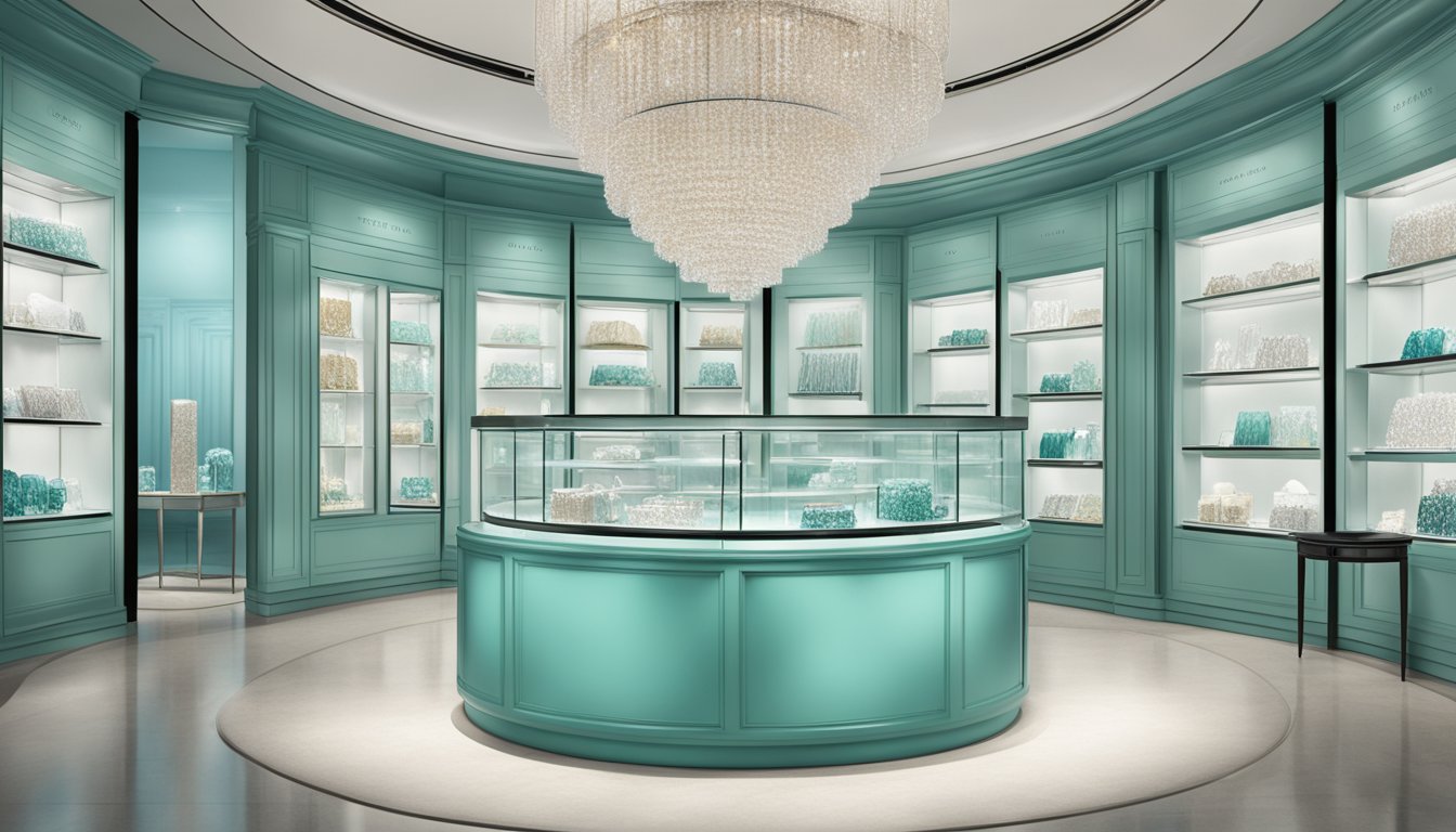 A sparkling Tiffany & Co. jewelry display, featuring iconic collections and designs, shines under soft, flattering lighting