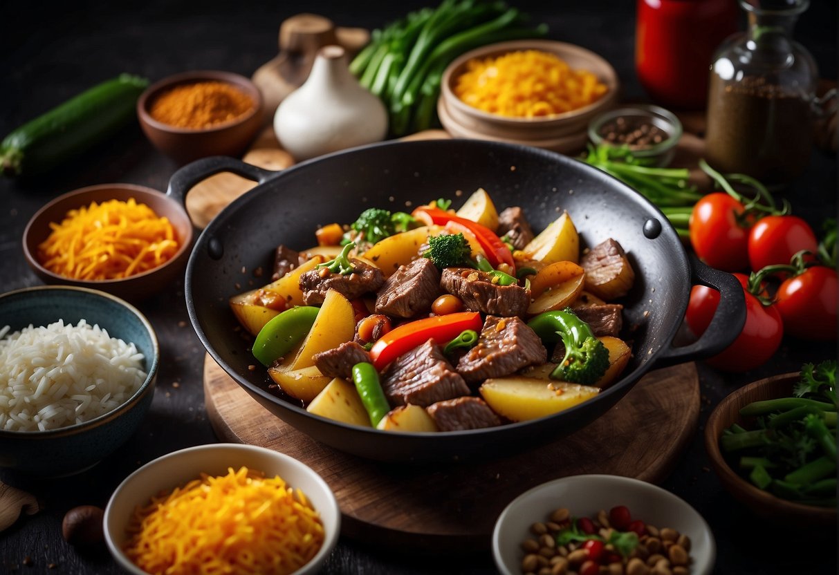 Sizzling beef and potato stir fry in a wok, surrounded by colorful vegetables and aromatic spices. Nutritional information displayed on a nearby label