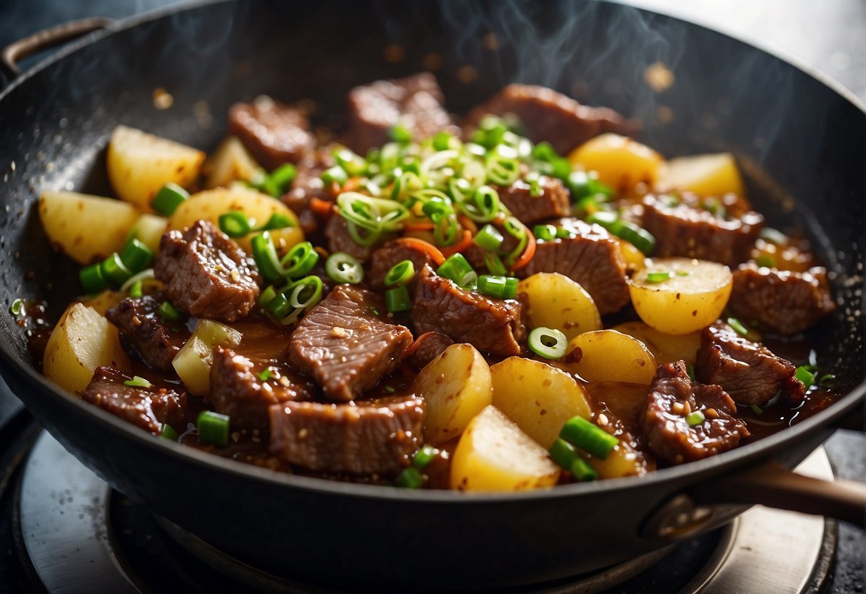 A sizzling wok filled with thinly sliced beef, diced potatoes, and vibrant green scallions, all coated in a glossy, savory sauce