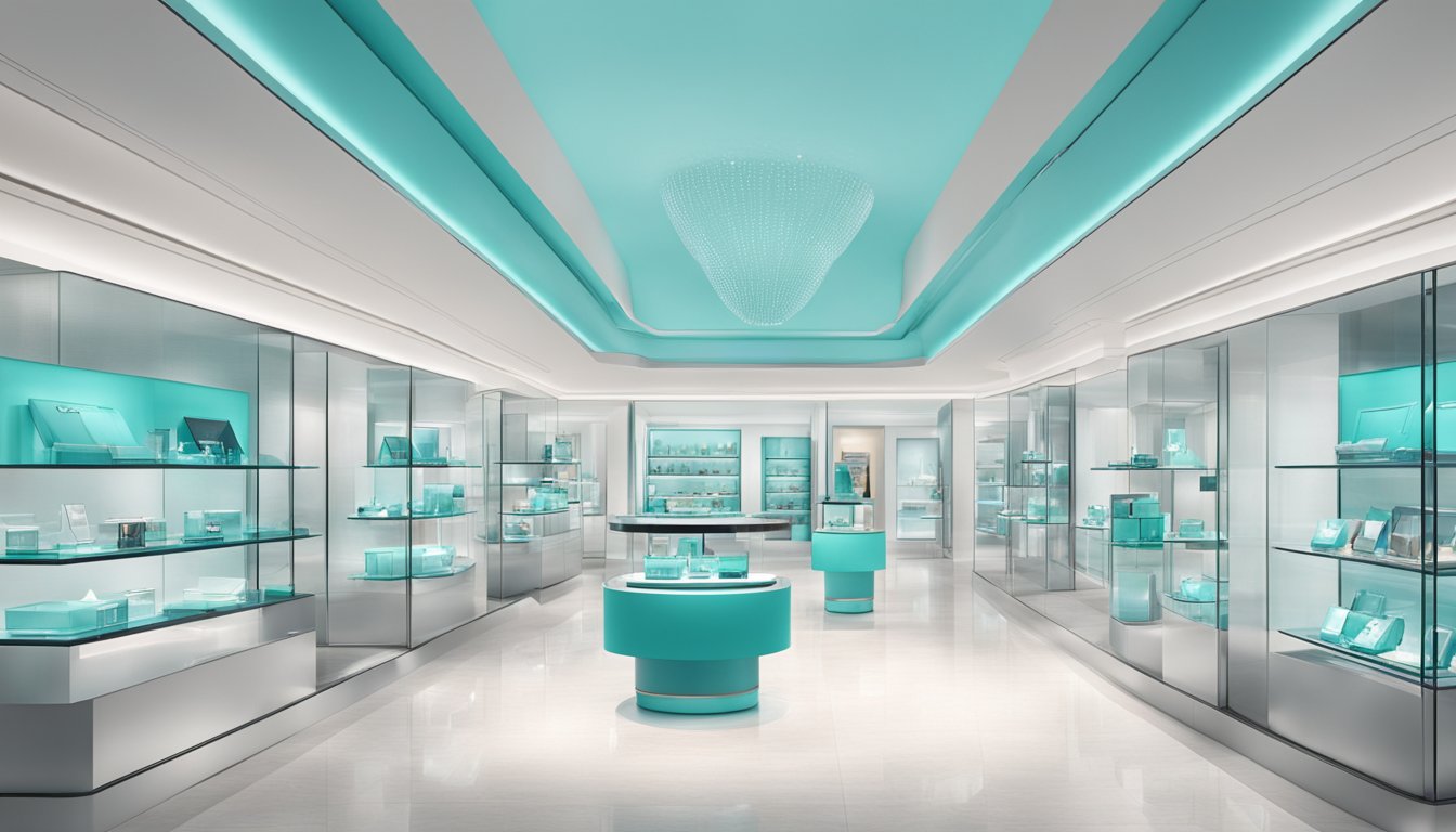 A sleek, modern store with bold, futuristic displays showcasing the latest Tiffany brand products, creating an atmosphere of innovation and luxury experience