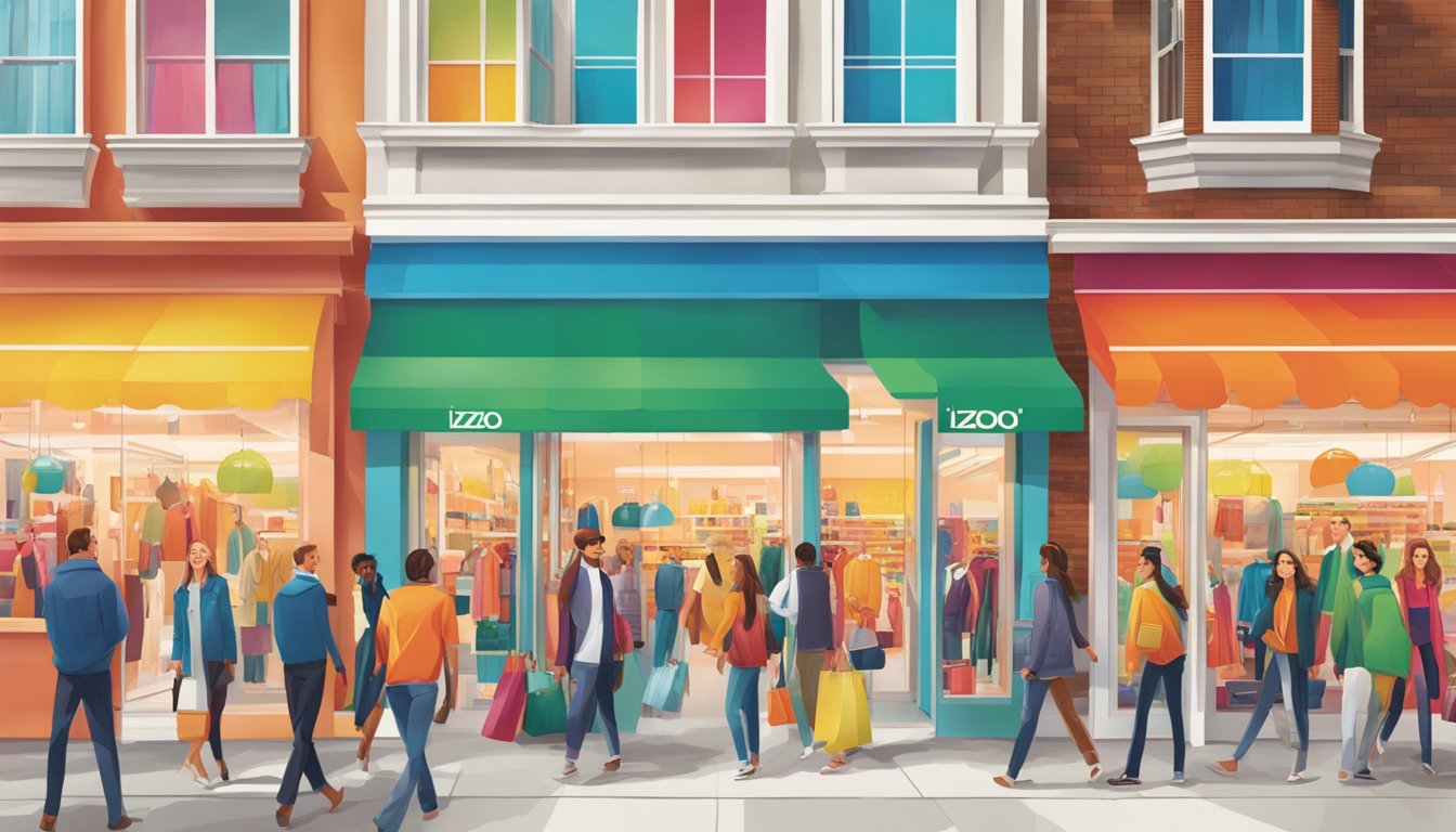 A vibrant, modern storefront with bold Izod branding and a bustling crowd of shoppers. Bright colors and clean lines convey a sense of youthful energy and style