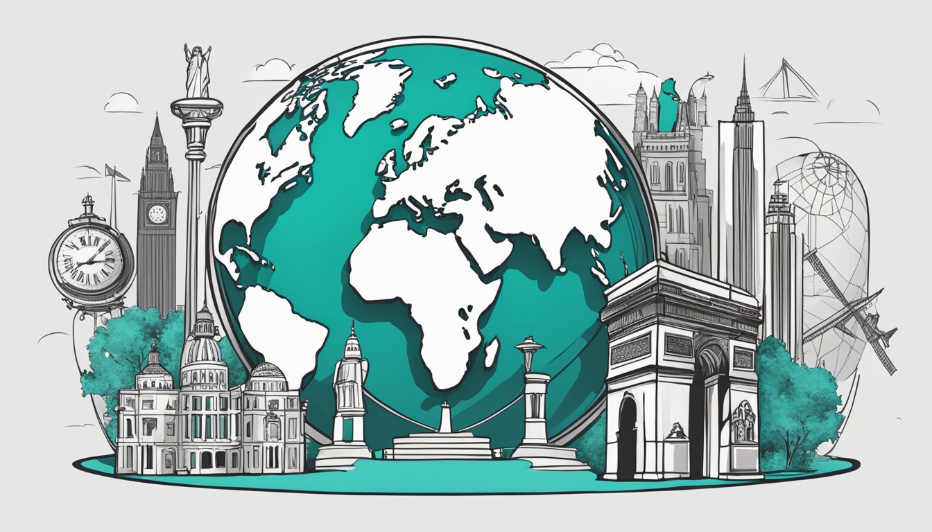 A globe surrounded by iconic landmarks, representing Tiffany's global influence