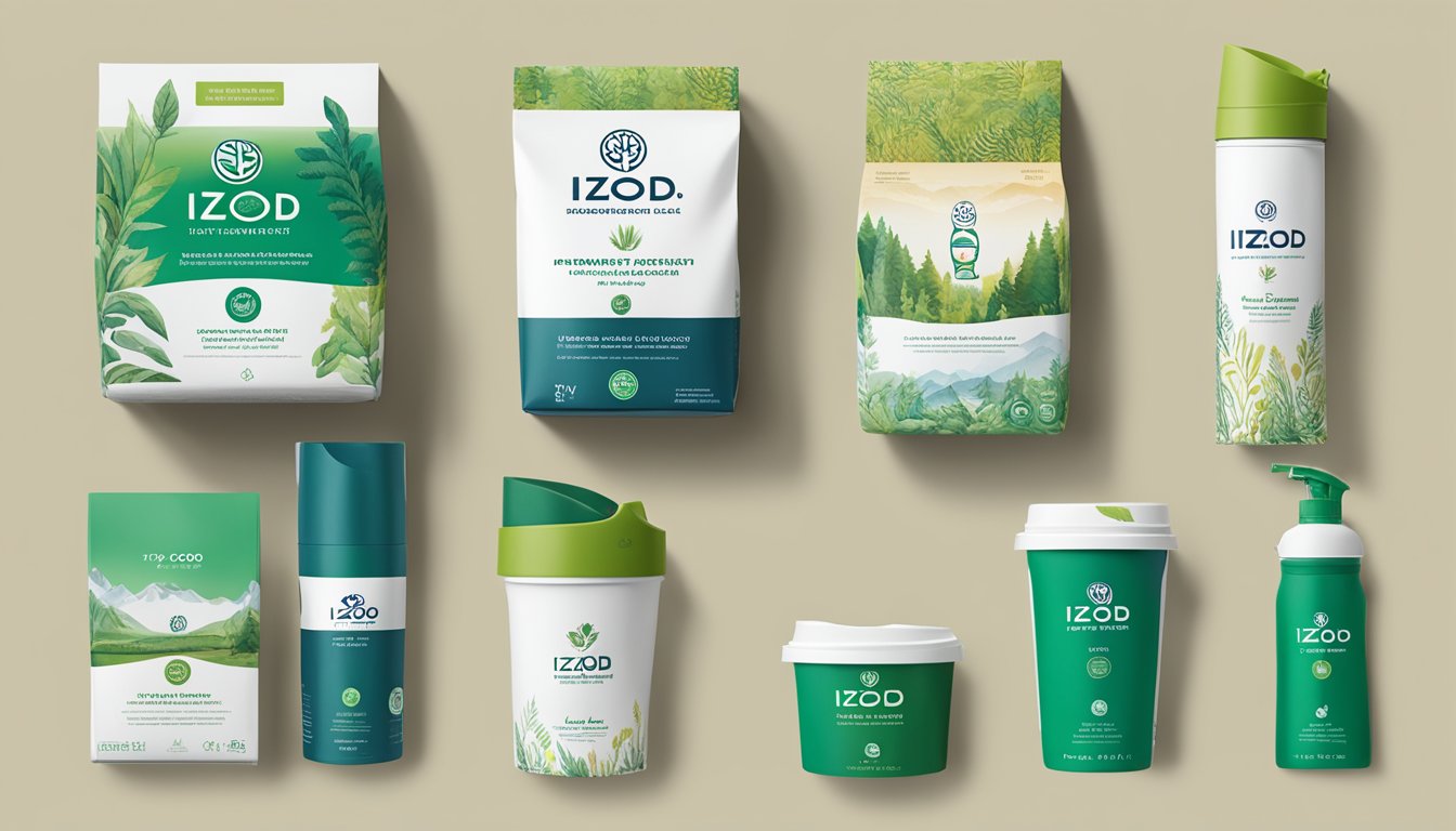 The Izod brand logo is prominently displayed on eco-friendly packaging, alongside images of community outreach and sustainable practices