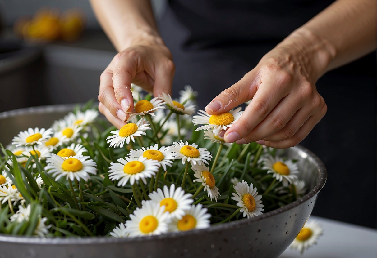 Fresh crown daisies being washed and chopped for a Chinese vegetable recipe