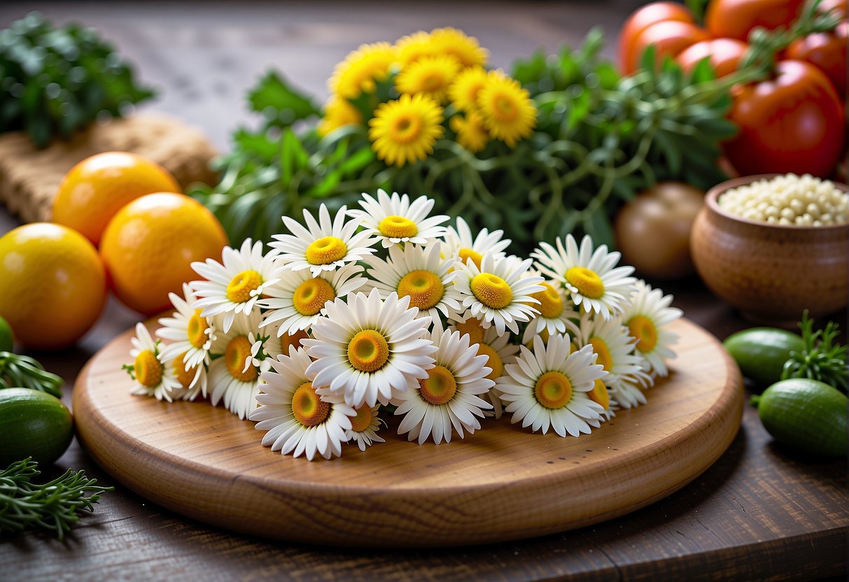 A vibrant bunch of crown daisies sits atop a cutting board, surrounded by fresh ingredients for a Chinese vegetable recipe