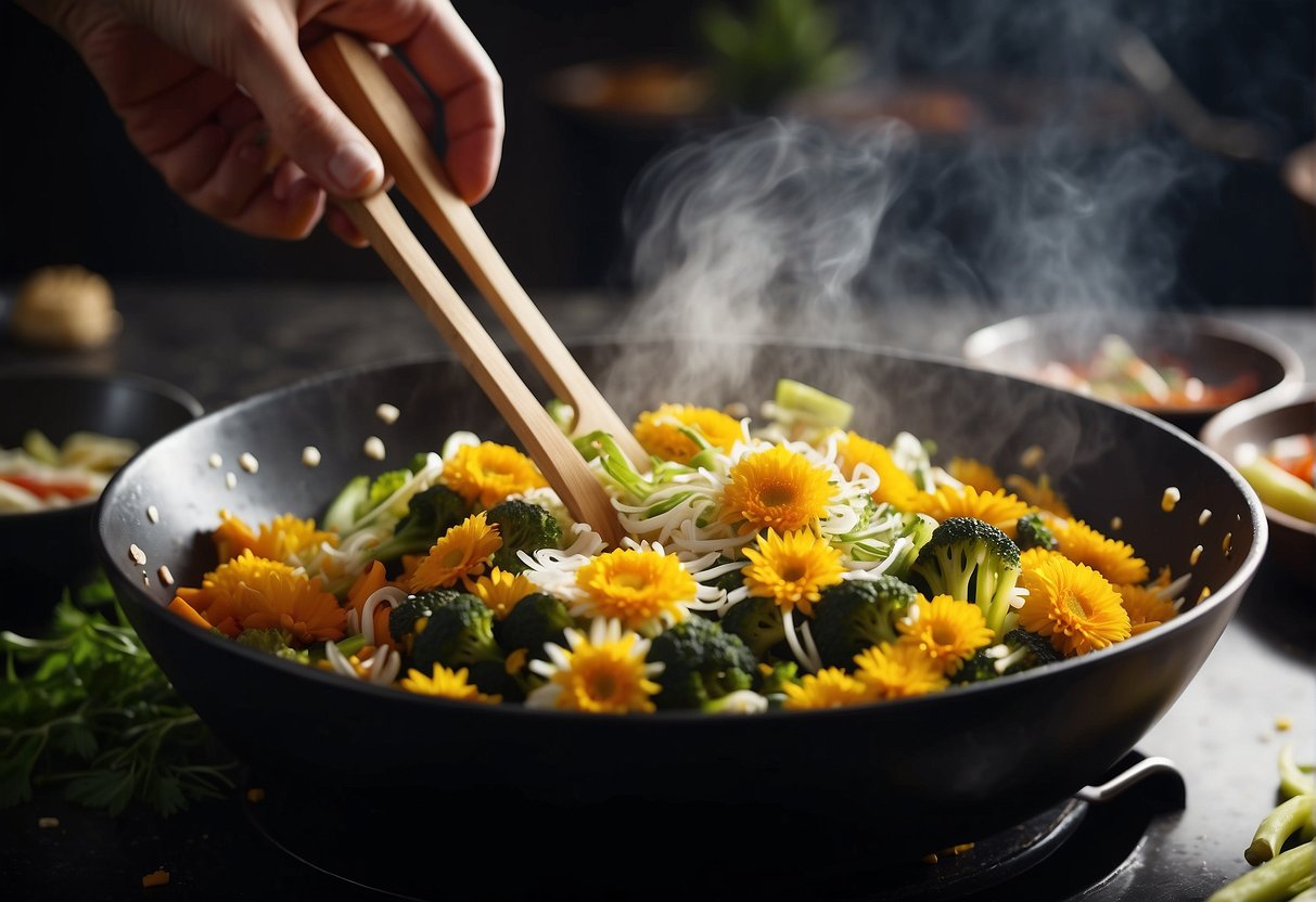 Crown daisy vegetable being chopped and stir-fried in a wok with Chinese seasonings
