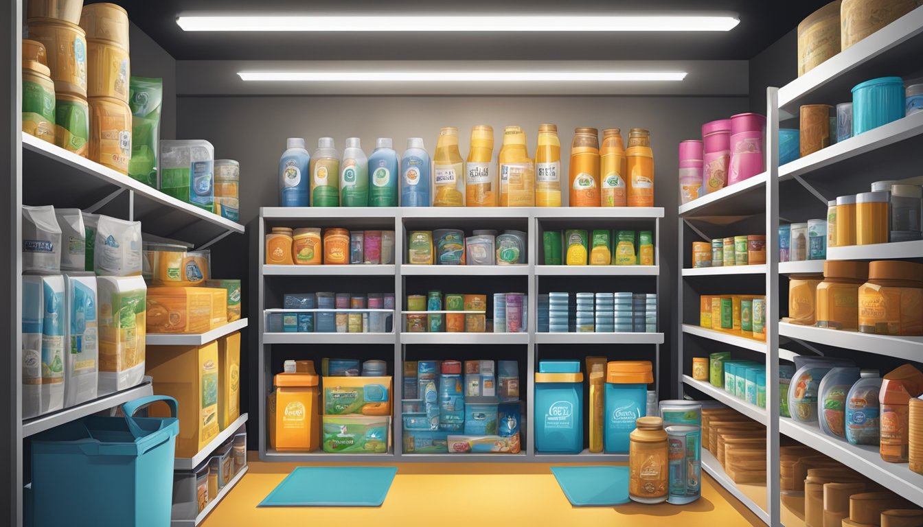 A wide range of products neatly arranged in a bunker with bold branding