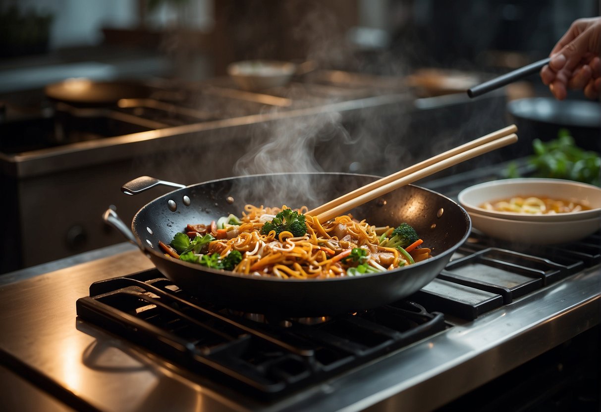 A wok sizzles with stir-fried crown daisy, garlic, and soy sauce. A pair of chopsticks rests on the edge of the pan