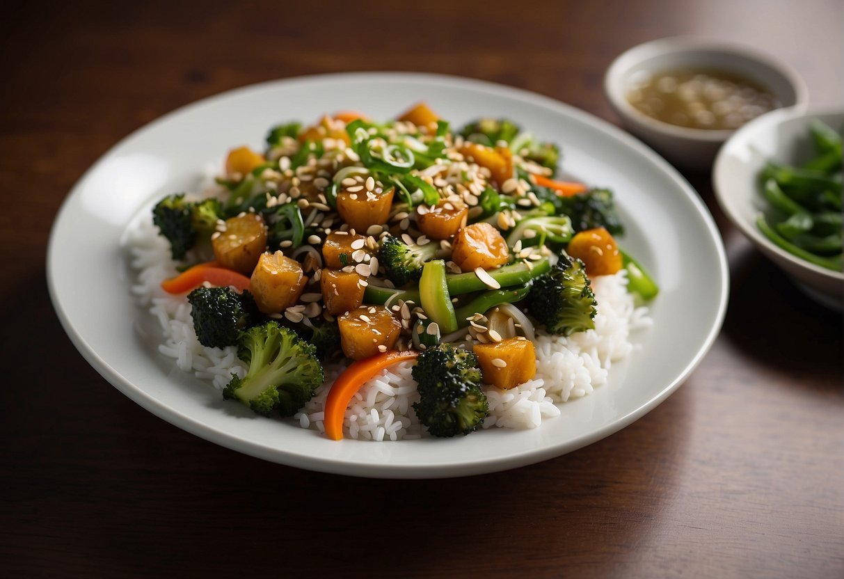 A platter of crown daisy vegetable stir-fry with soy sauce, garlic, and ginger. Paired with steamed rice and a pot of green tea