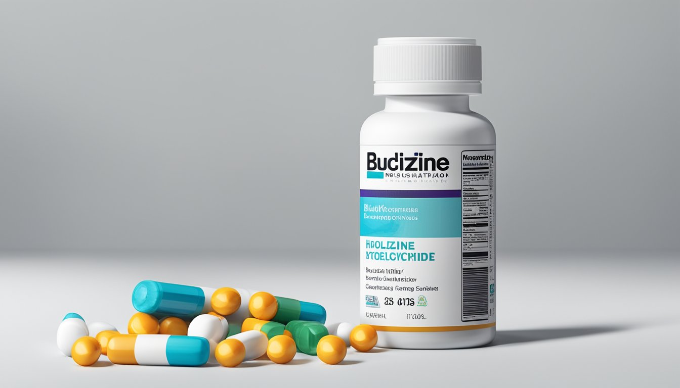 A bottle of Buclizine hydrochloride brand name stands on a clean, white countertop, with the label facing forward. A few pills are scattered next to the bottle