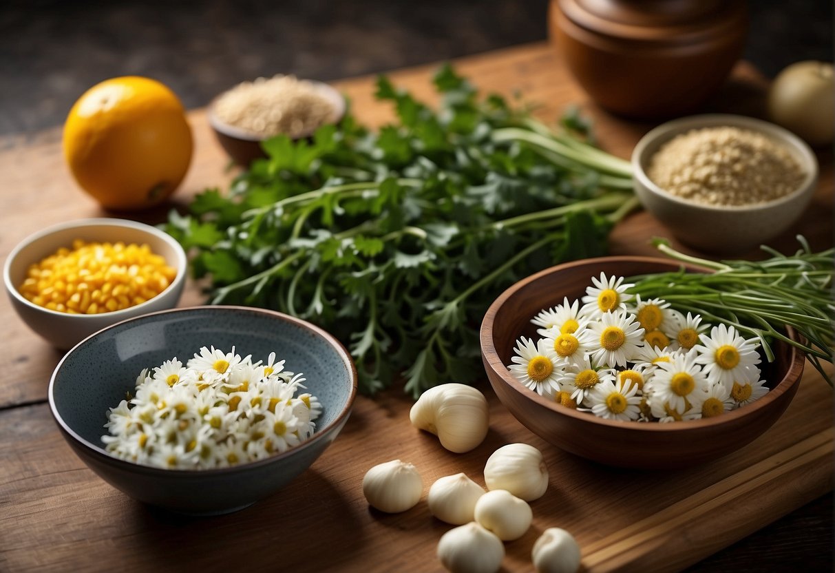 A bowl of fresh crown daisy, a cutting board, and various ingredients laid out for a Chinese vegetable recipe