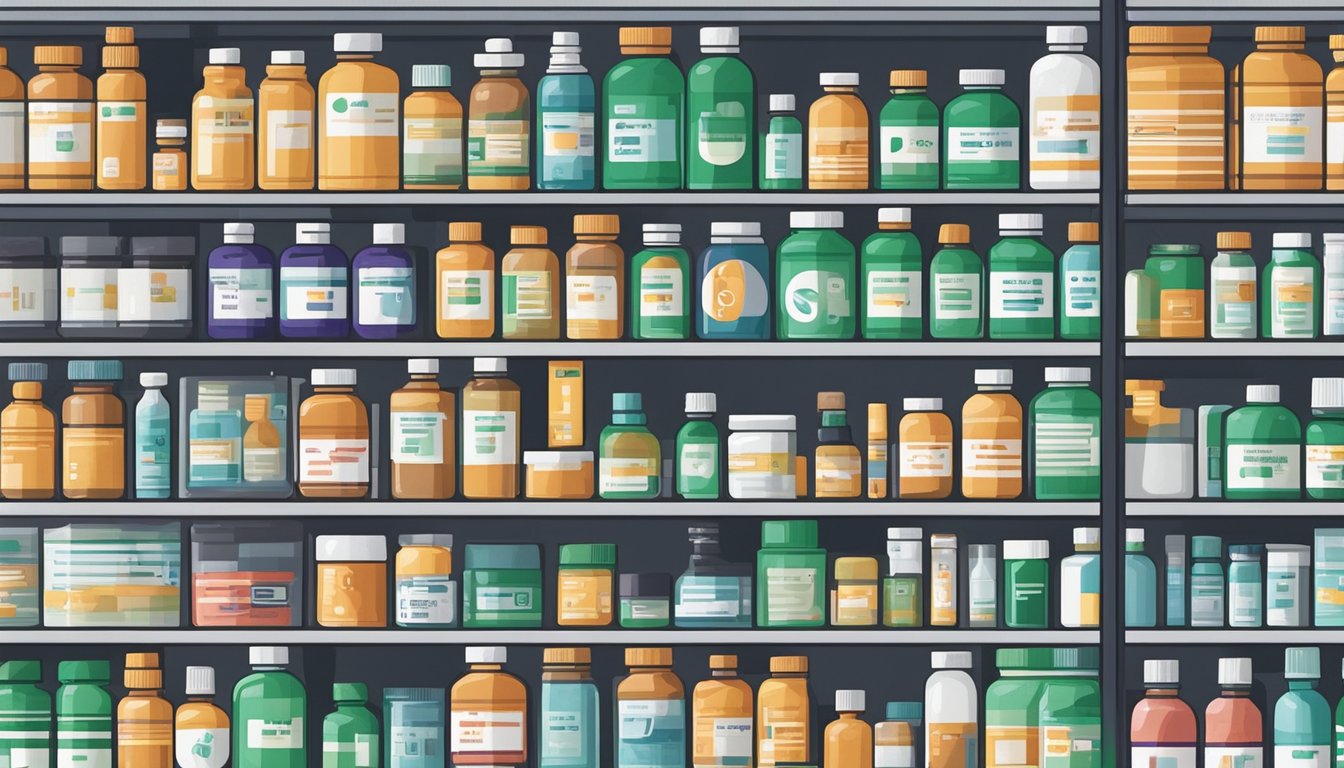 A bottle of buclizine hydrochloride sits on a pharmacy shelf, its label clearly displaying the brand name. The medication is surrounded by other pharmaceutical products, creating a typical pharmacy scene