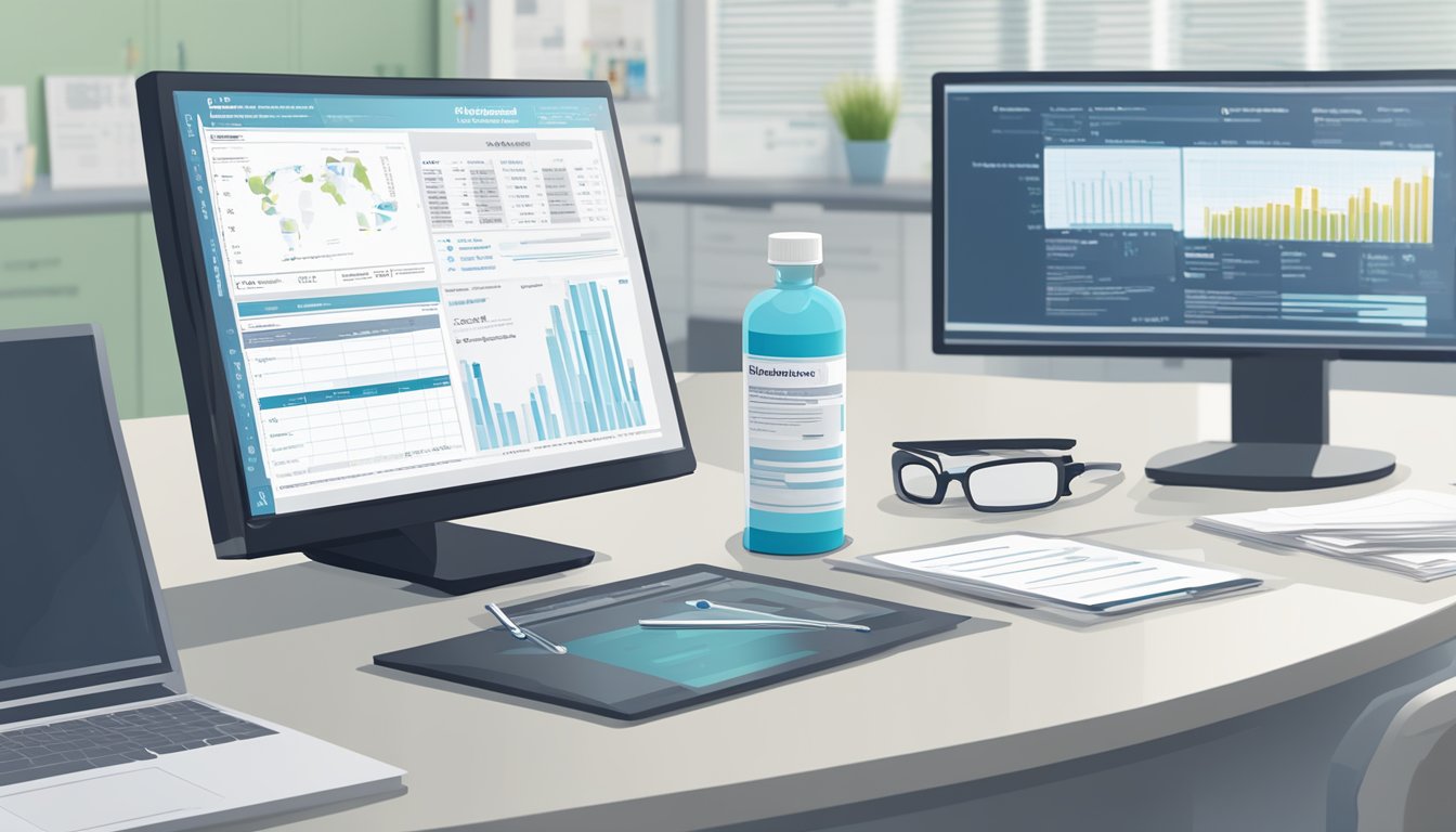 A bottle of buclizine hydrochloride sits on a sterile white countertop, next to a stack of clinical papers and a computer monitor displaying patient data