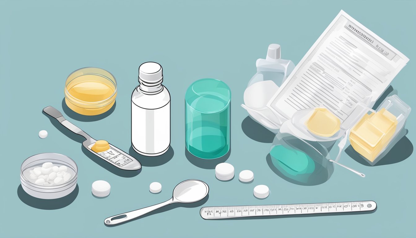 A hand holding a bottle of buclizine hydrochloride, with a measuring spoon next to it, and a set of instructions for dosage and administration