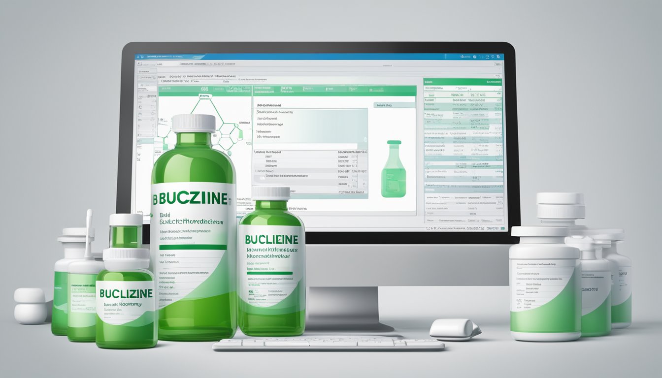 A bottle of buclizine hydrochloride brand name with its chemical structure and pharmacological properties displayed on a computer screen