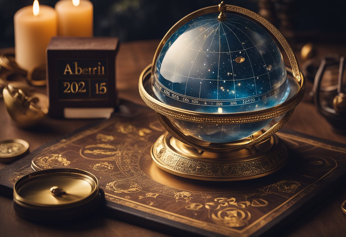 A table with a celestial map, zodiac symbols, and a calendar showing the date "01 de abril de 2024." A crystal ball and incense add a mystical atmosphere