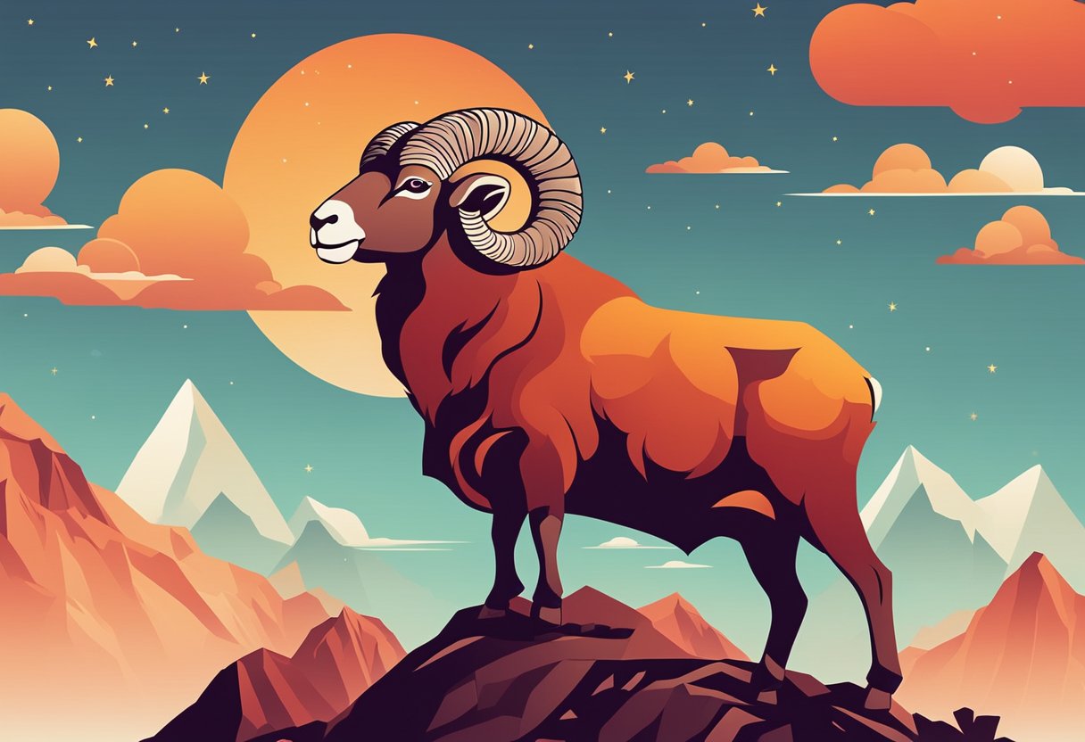 Aries horoscope: A ram stands confidently on a mountain peak under a clear April sky, surrounded by vibrant red and orange hues