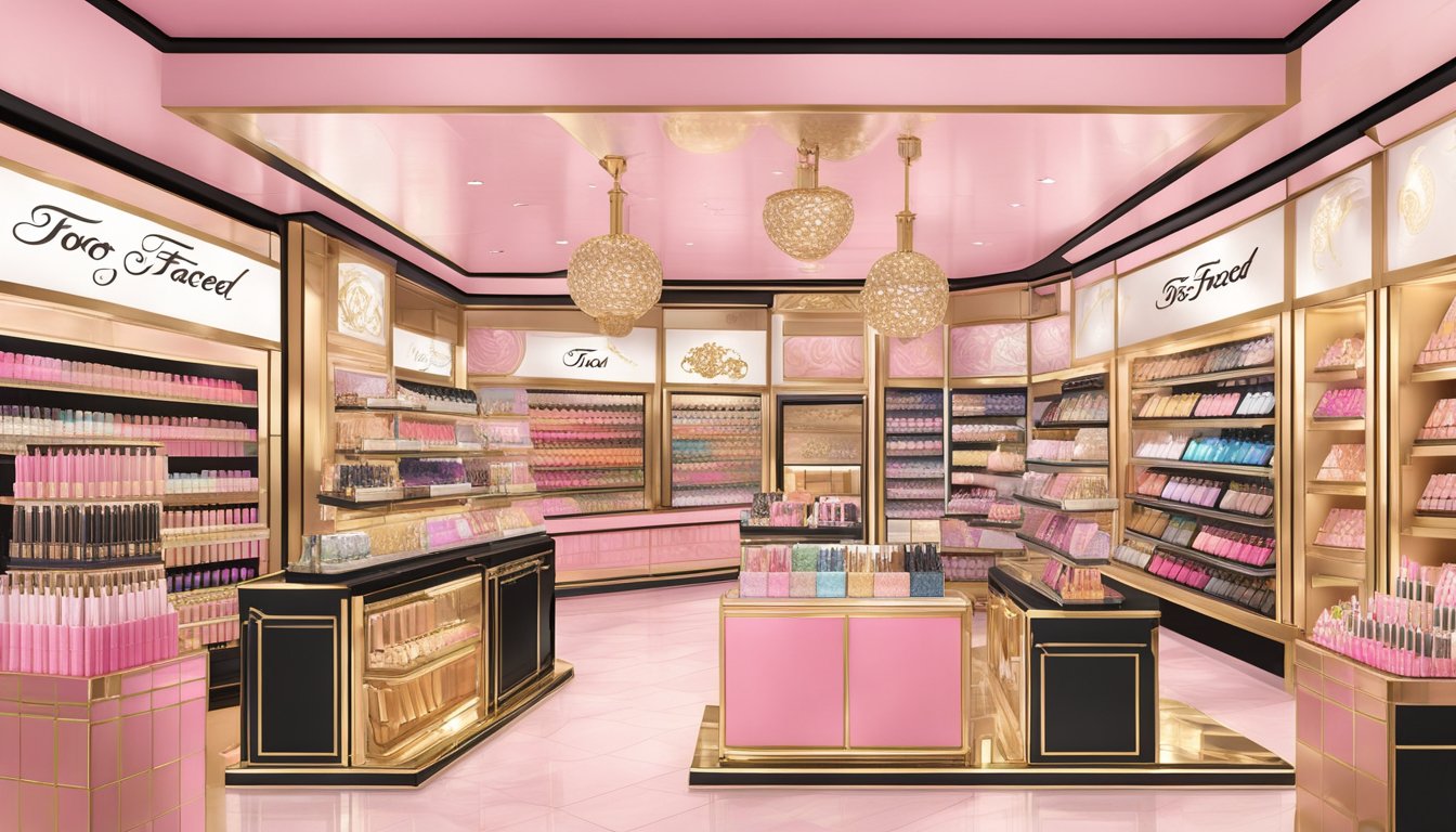 The Too Faced brand's iconic pink and gold packaging stands out on a crowded makeup shelf, with whimsical and feminine designs