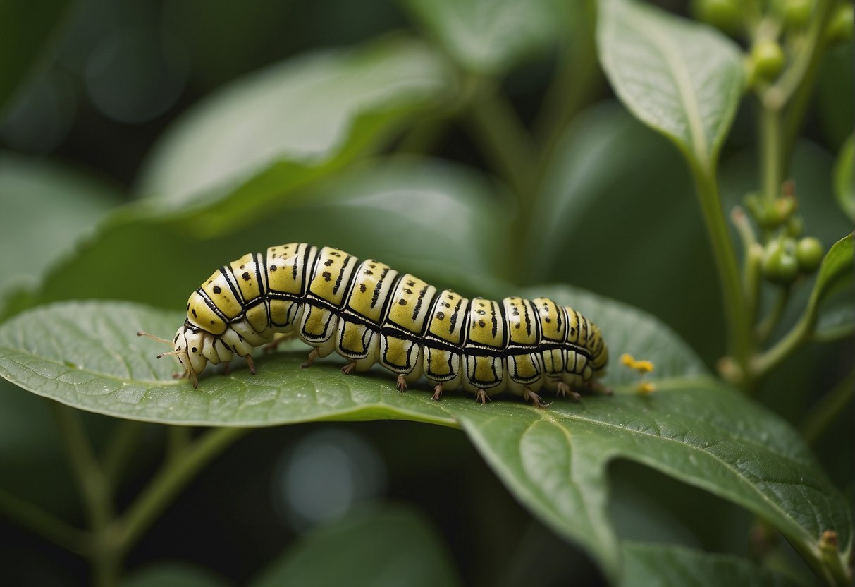A caterpillar munches on pepper plant leaves, leaving behind holes and damage