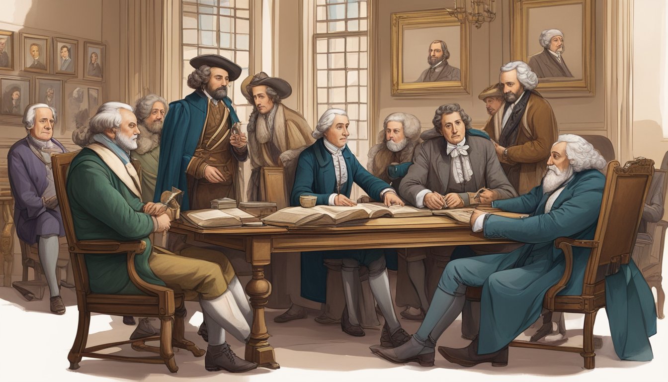 A group of historical figures gather around a table, discussing the creation of the Founders Too Faced brand. An old book and quill pen sit on the table, while portraits of the founders hang on the wall