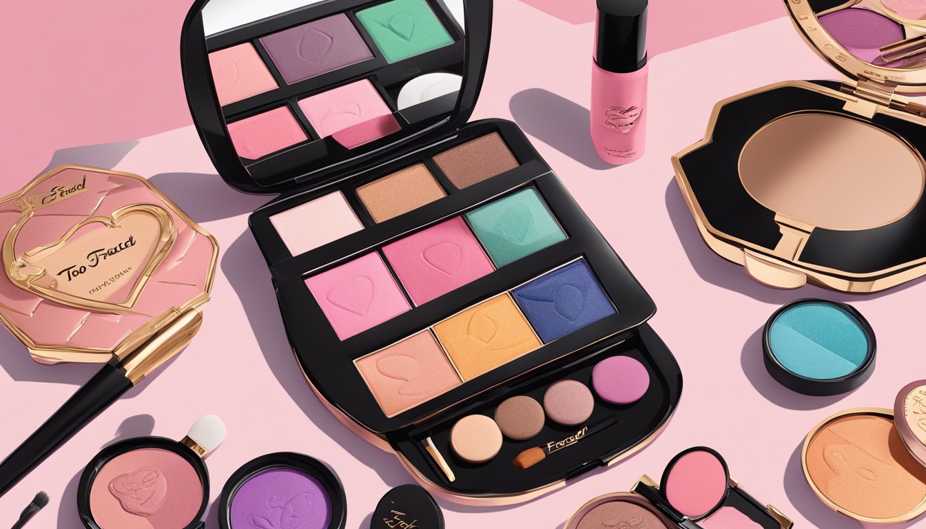A colorful display of Too Faced brand's iconic products, including eyeshadow palettes, lipsticks, and blushes, arranged neatly on a vanity table