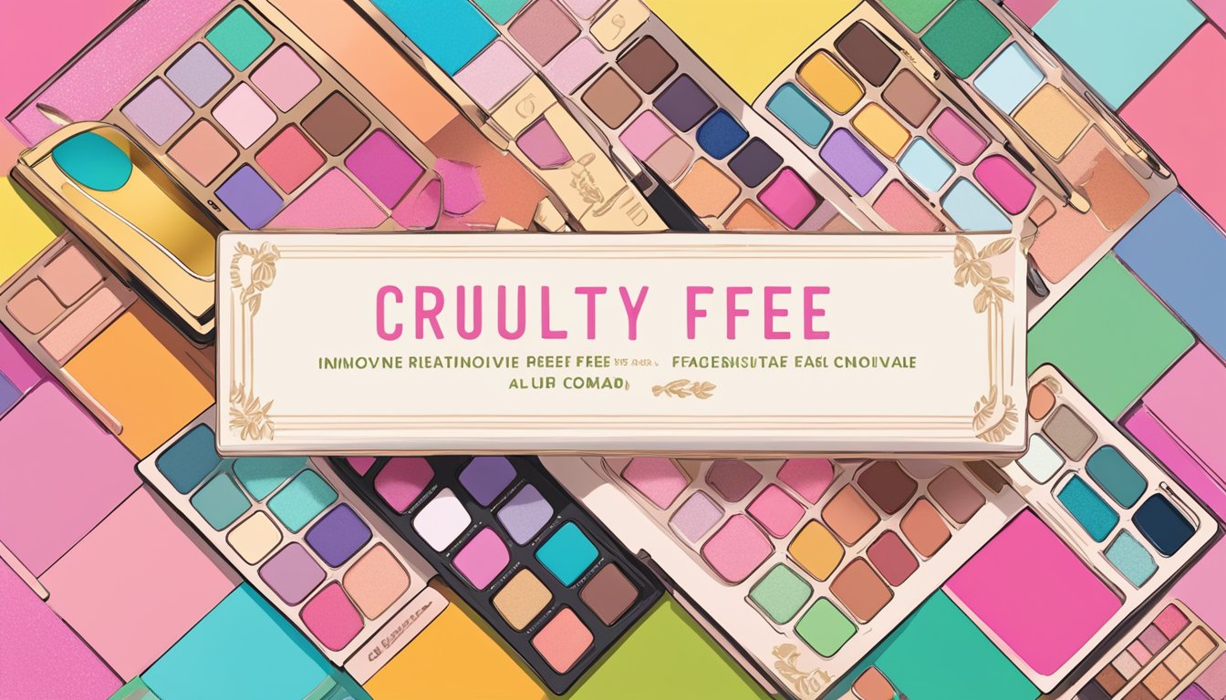 A colorful palette with playful and vibrant imagery, incorporating the words "cruelty-free" and "innovative" to represent Too Faced's brand philosophy and values